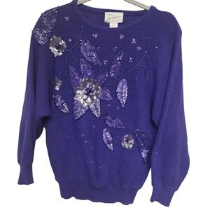 Vintage 90s Purple Beaded Sequin Floral Long Sleeve Sweater Women Size Medium
